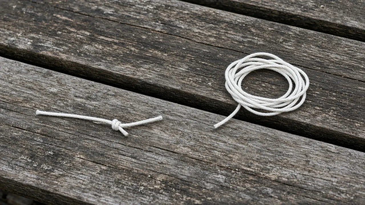 A short white cord with a knot, beside a coil of cord, on a weathered bench