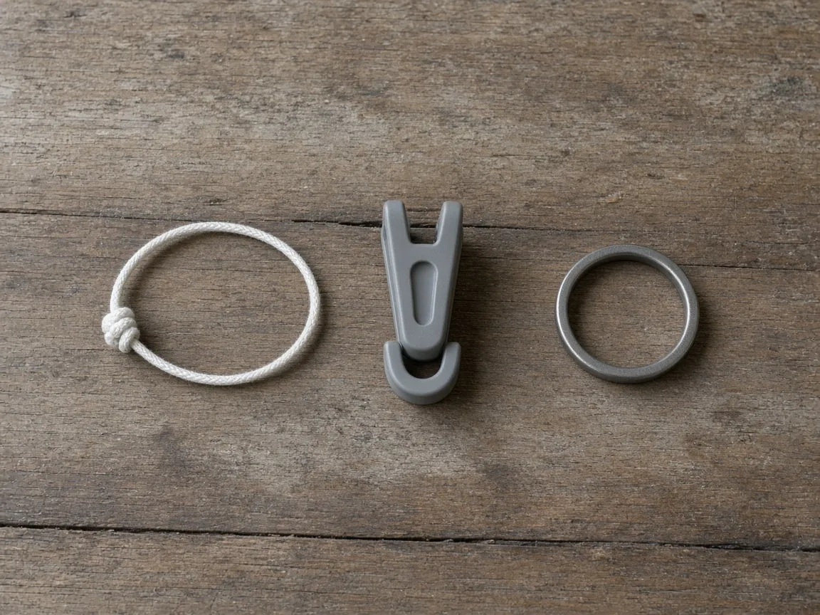A knotted cord loop, a plain gray clip, and a plain metal ring on wood