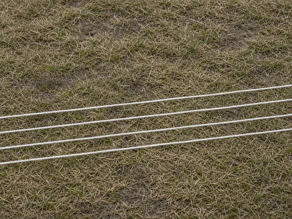 Separate white cords lying straight on dry grass