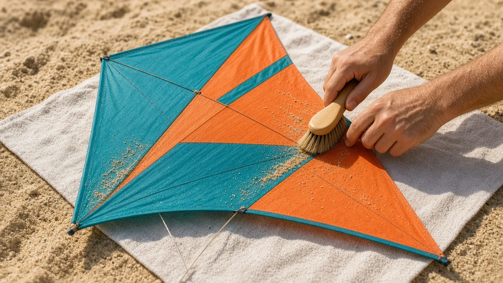 Illustration: hands brushing dry sand off a teal and orange recreational kite laid on a beach towel