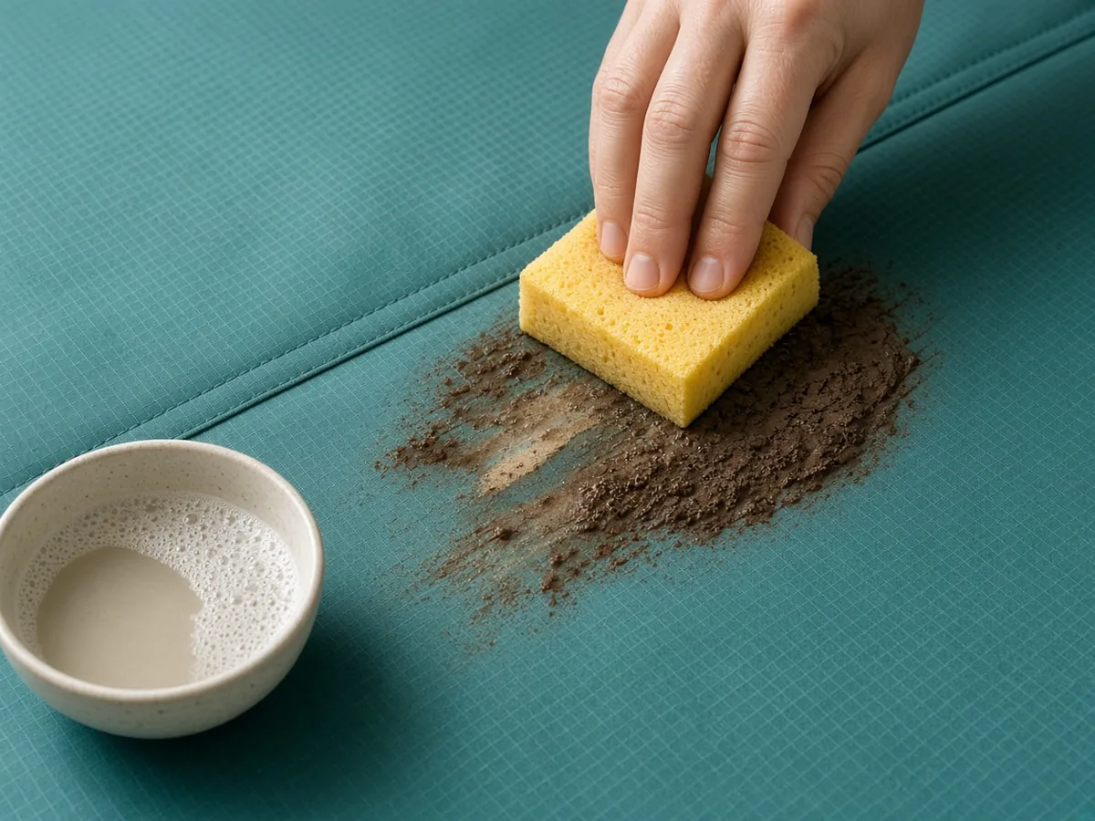 Illustration: a soft sponge wiping mud on teal ripstop, with a bowl of soapy water beside the patch