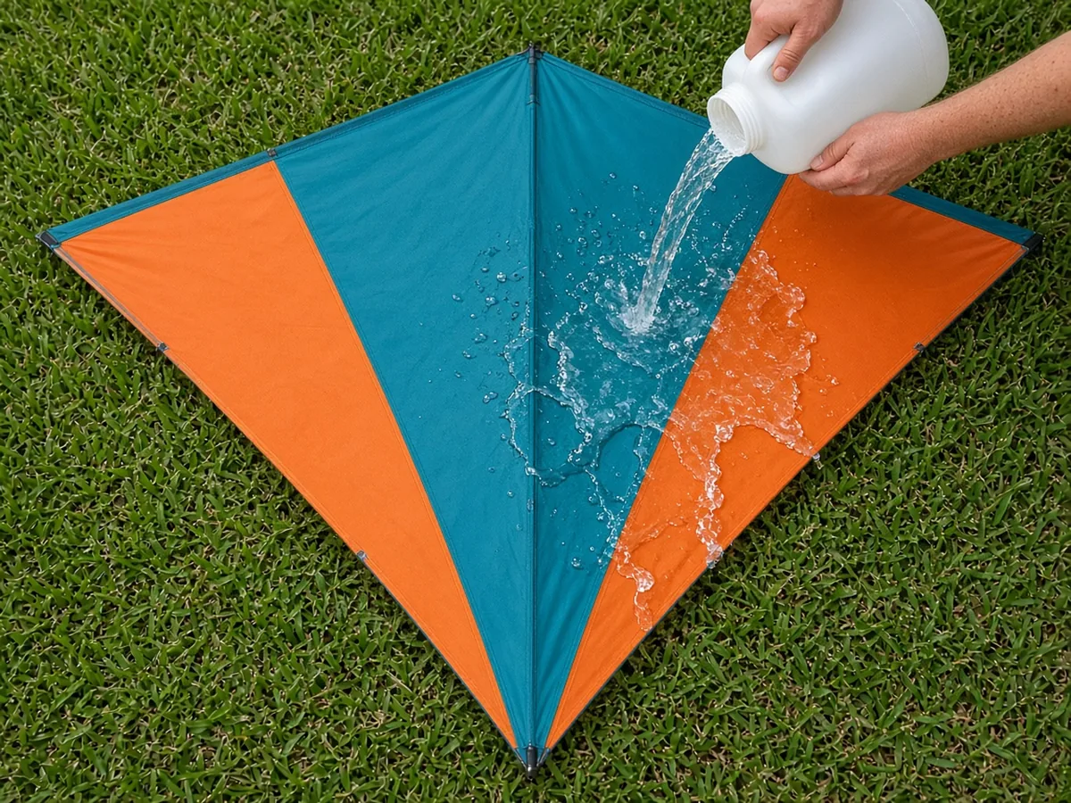 Illustration: fresh water poured from a jug onto a flat teal and orange kite sail on grass