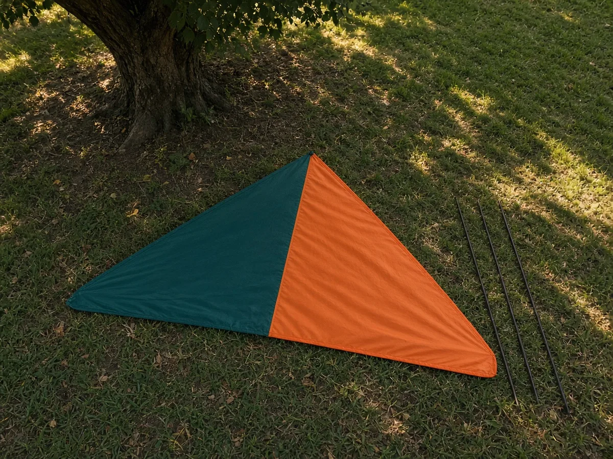 Illustration: a flat teal and orange kite drying in tree shade, with three spars laid beside the sail