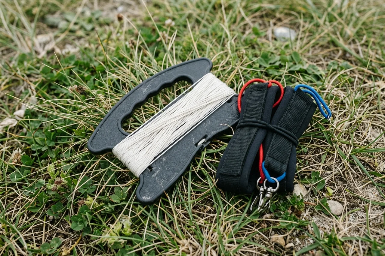 A black flat plastic kite line winder on coastal grass with two white braided flying lines wrapped together in a figure-eight pattern beside padded wrist straps