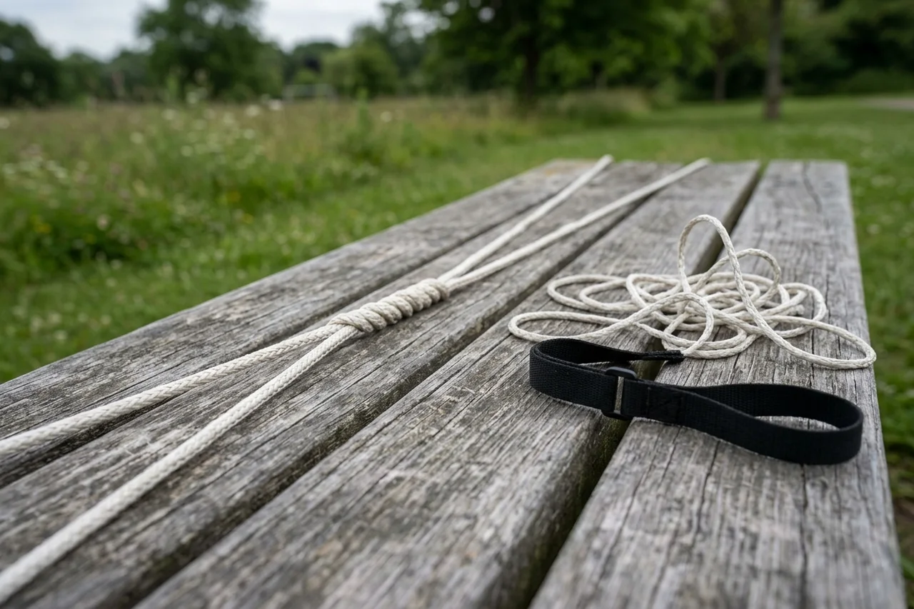 Two taut white braided kite lines twisted smoothly around each other on the left side of a timber bench contrasted with a loose un-tensioned loop beside a black wrist strap on the right
