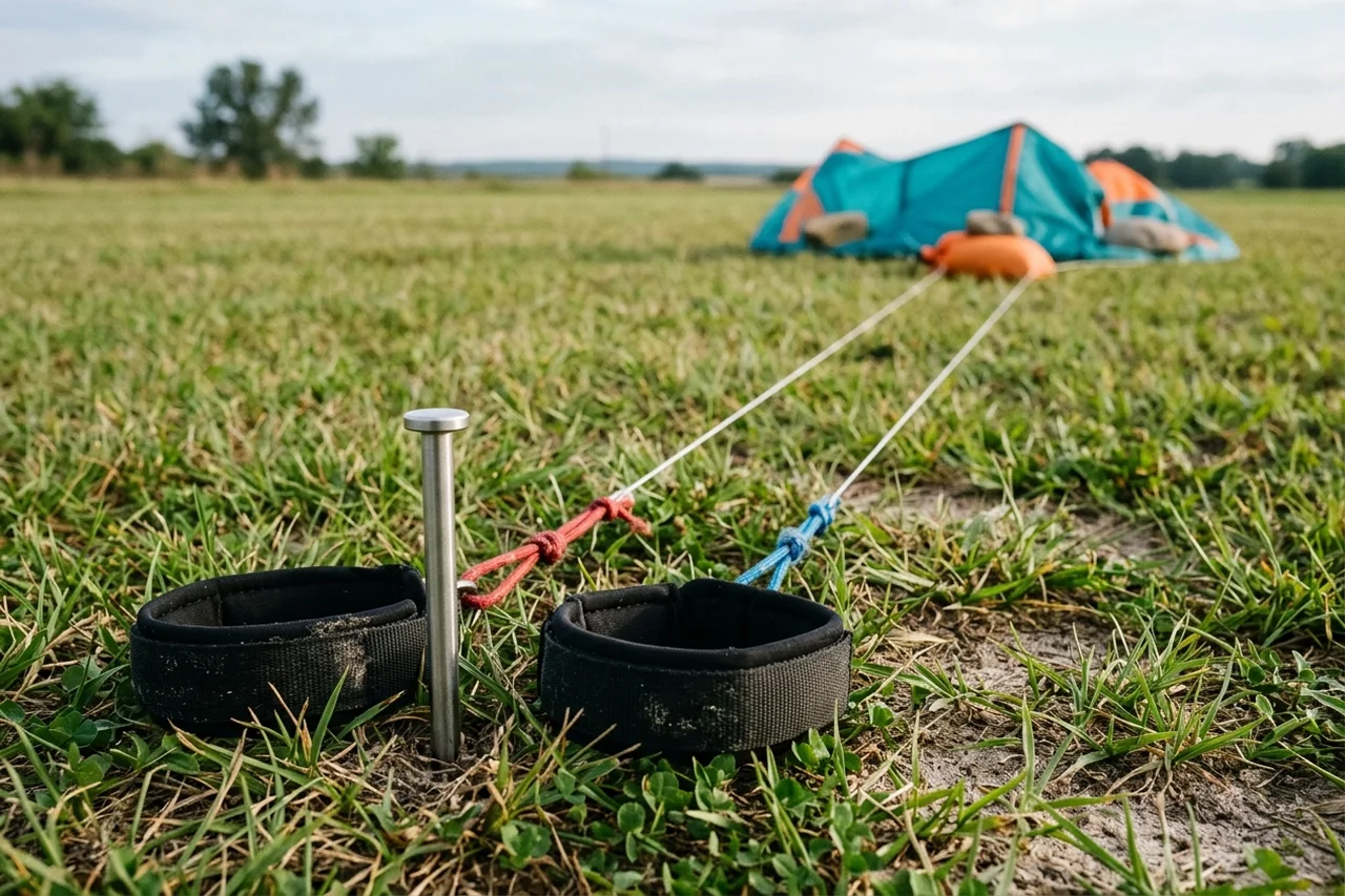 Two black padded kite wrist straps pinned to sandy grass with a stainless steel ground stake while two parallel white braided lines run straight toward a weighted kite sail
