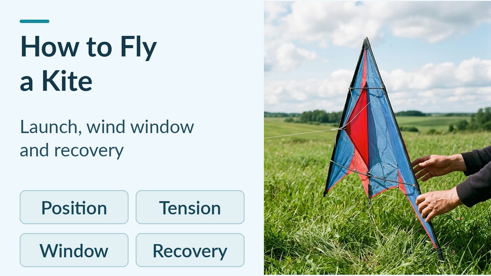 A delta kite held low above an open grass field with a single line leading toward the pilot, beside a kite-flying guide title