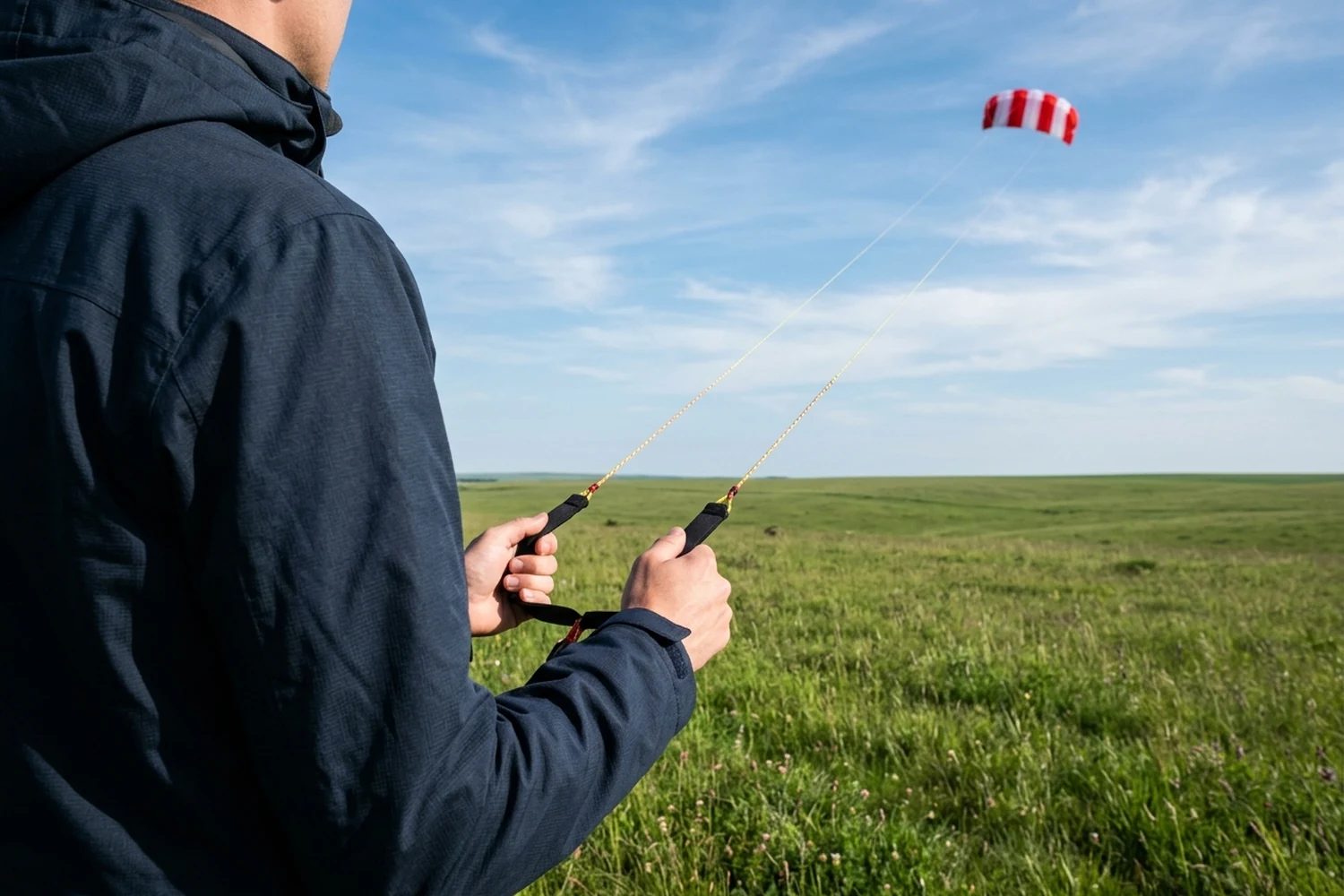 A cropped pilot holding two lines toward a sport foil flying above an open grass field