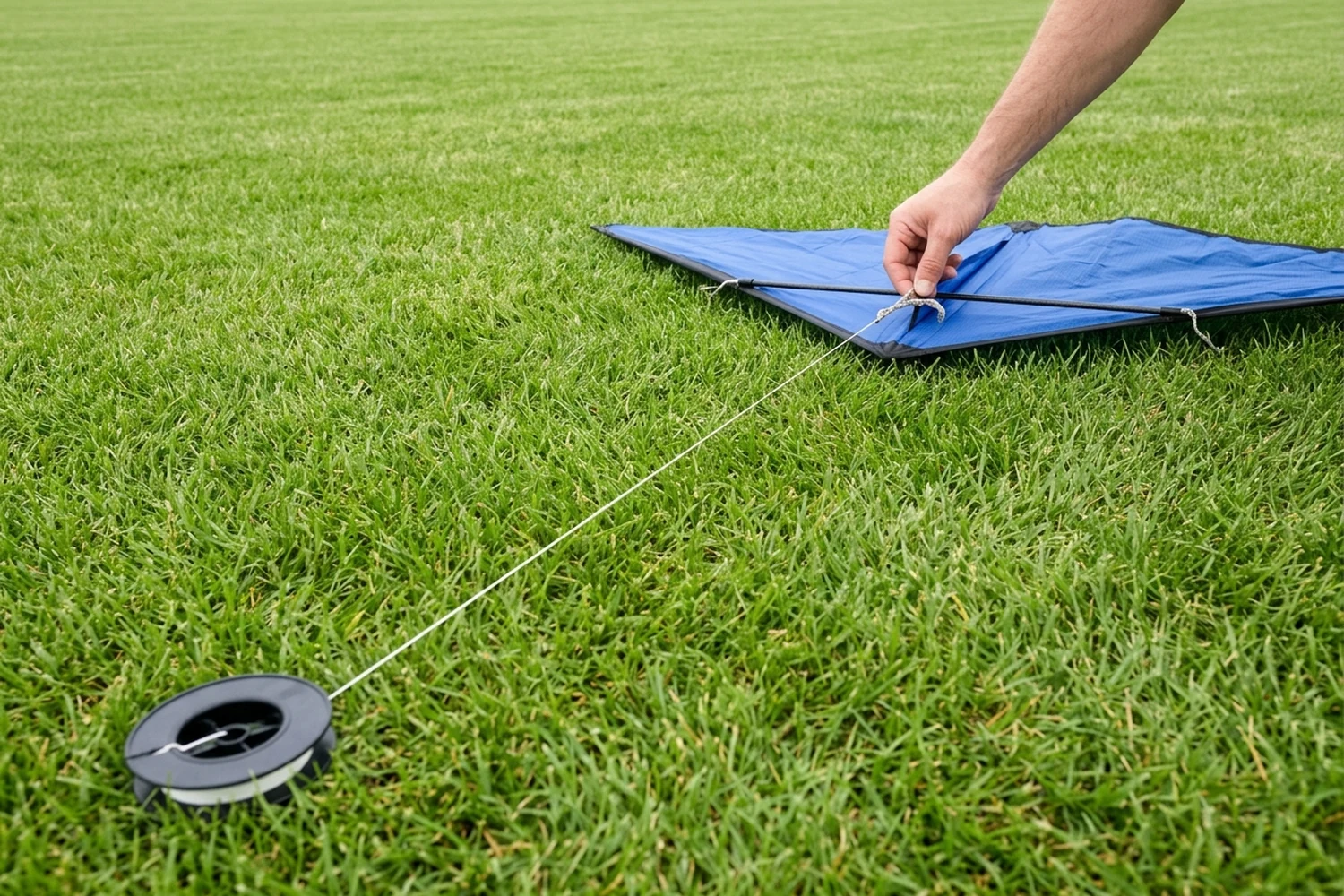 A hand checking the bridle of a grounded delta kite with its line leading toward a winder on grass