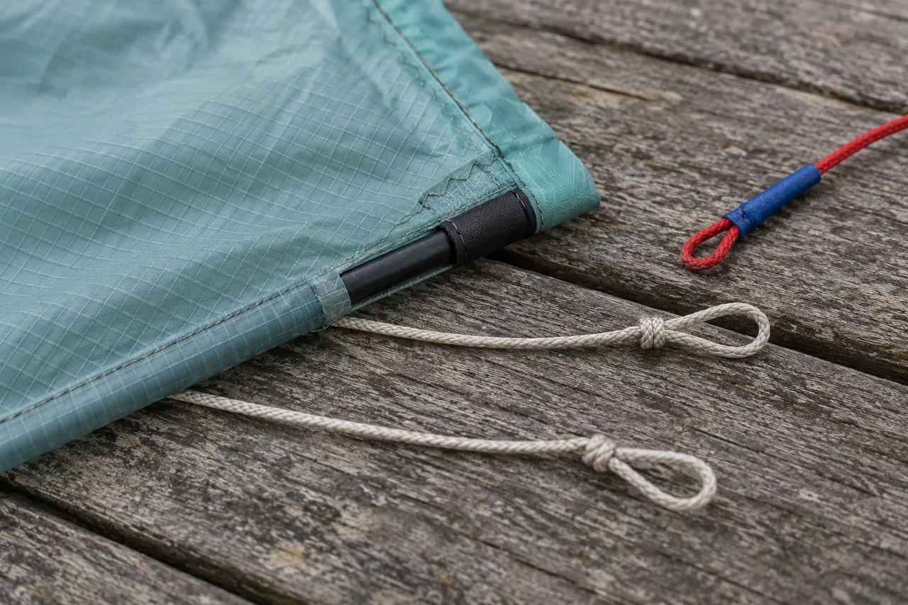Pale braided cord loops beside a teal fabric edge, a black spar and a red sleeved cord end on wood