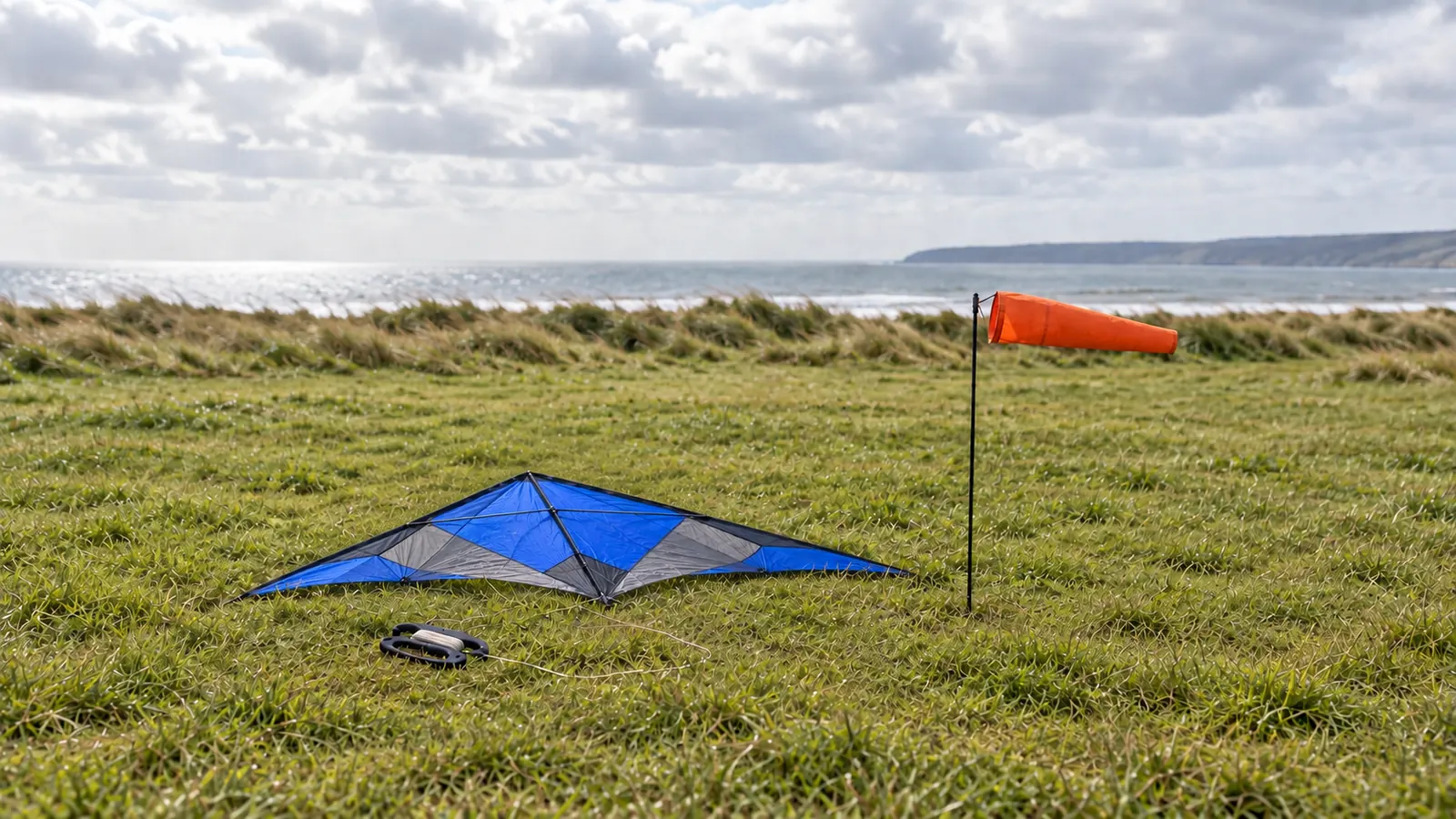 Illustration: a blue delta kite and its line winder on coastal grass beside an orange windsock blown out by the breeze