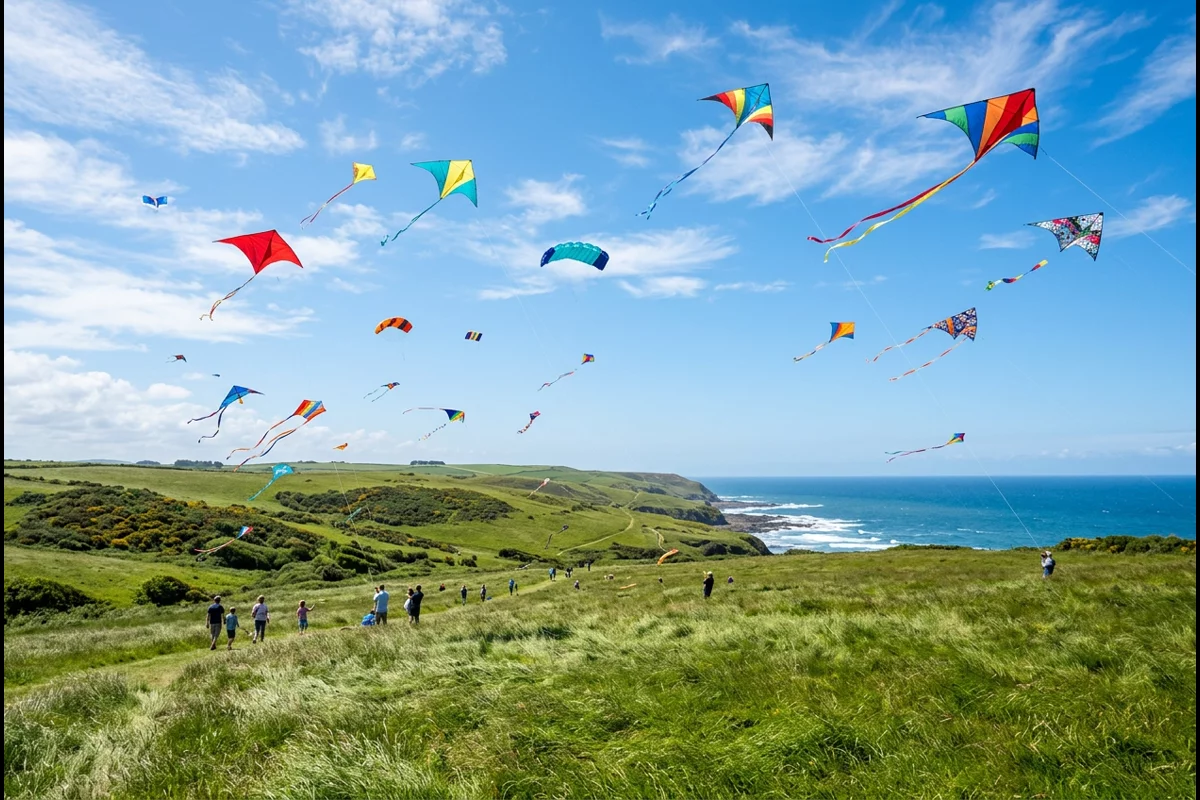 Colorful recreational kites flying over coastal meadow and rolling hills on breezy day