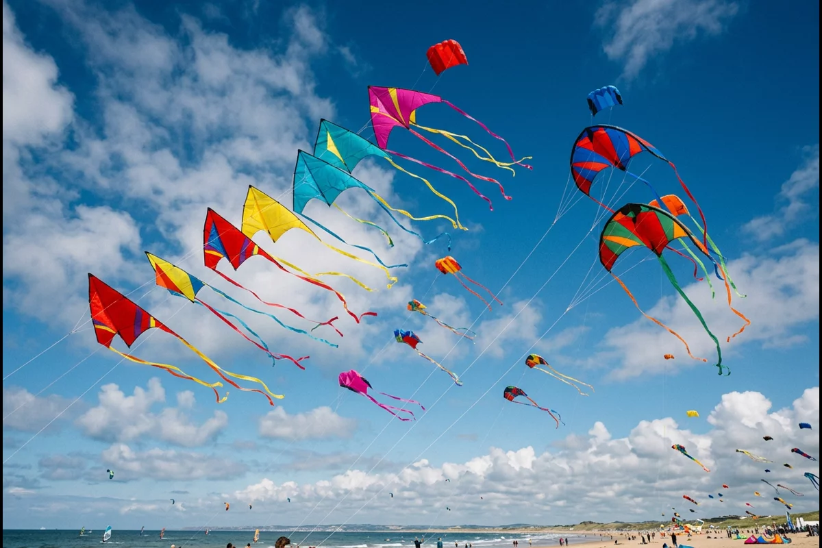 Vibrant delta and power foil kites soaring against blue sky with white clouds