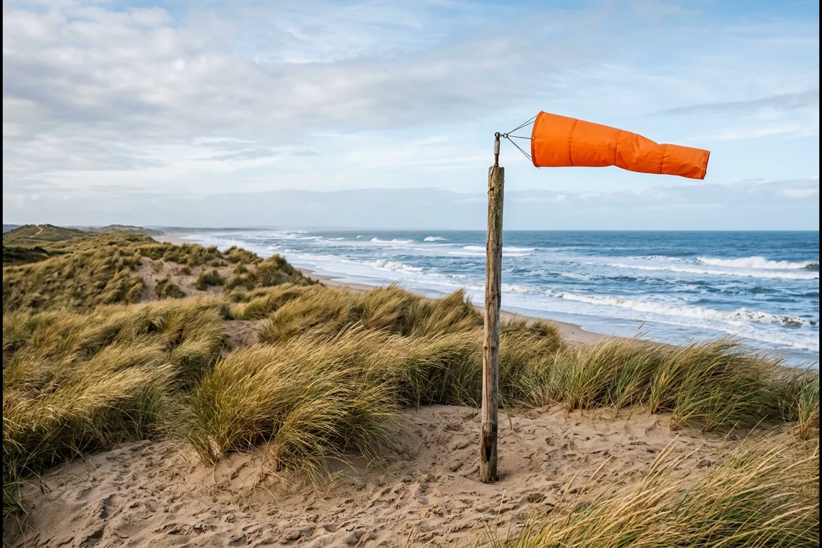 Coastal sand dunes grasses bending in strong breeze with orange fabric windsock