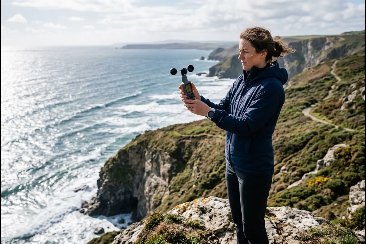 Handheld digital wind anemometer measuring ocean breeze on coastal cliff