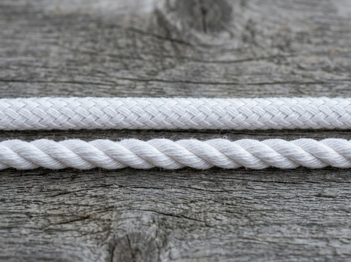 Two white cords on gray wood, with interwoven strands above and spiral strands below