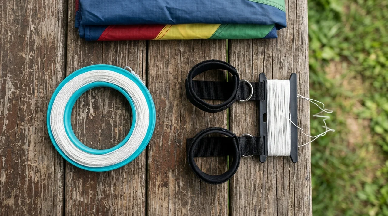 A cyan hoop winder beside two black wrist straps and a flat line winder on wood