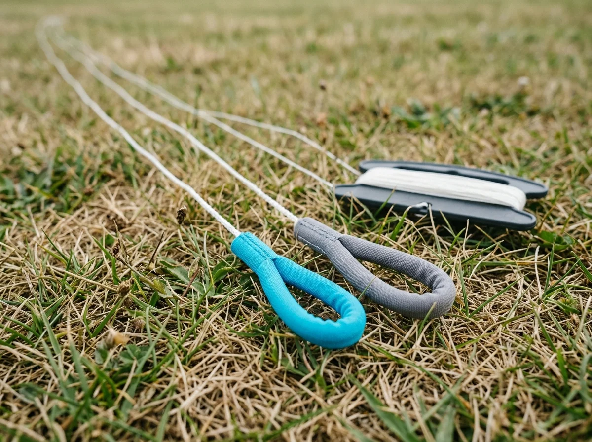 Blue and gray fabric-covered cord loops lying side by side on grass beside a dark winder