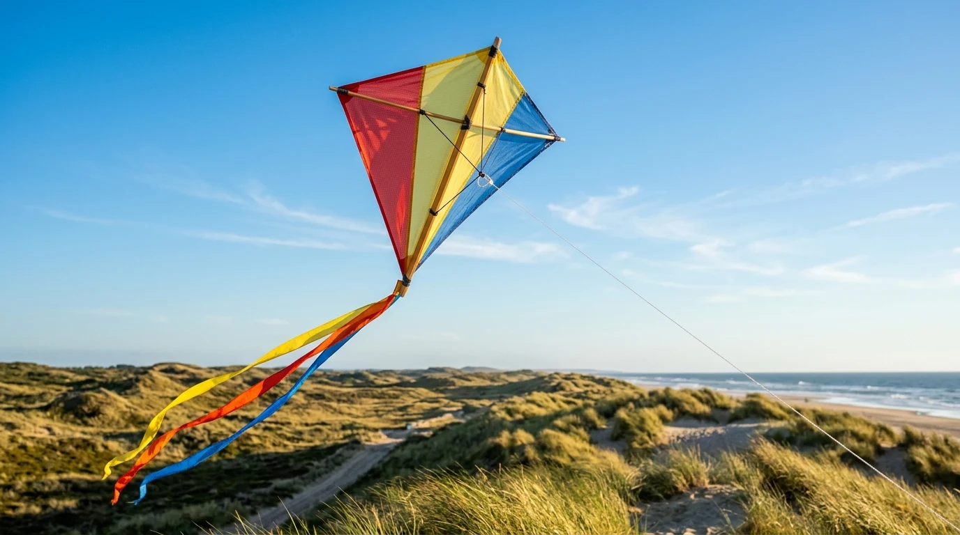 Diamond-shaped single-line kite flying against a clear blue sky with colorful ribbon tail strips streaming inline from the bottom of the vertical wooden spine