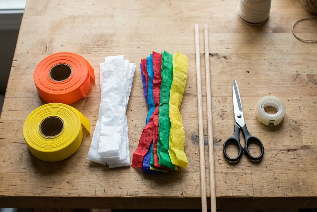 Overhead view of a wooden workbench with rolls of orange and yellow plastic surveyor flagging tape, folded white plastic trash bag strips, colorful crepe paper streamers, wooden dowels, clear tape, and scissors