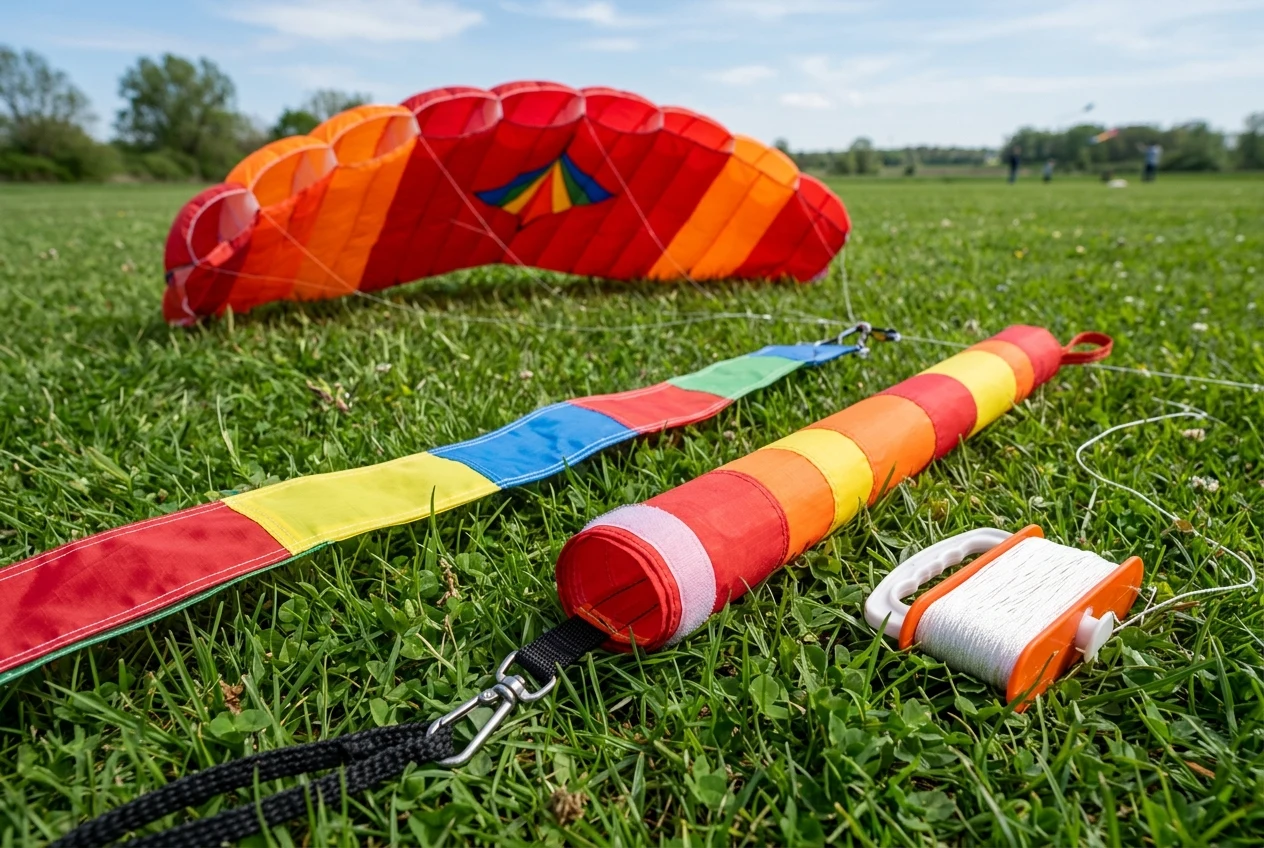 Frameless ripstop nylon parafoil kite on grass beside a stitched-edge ribbon tail, an inflatable cylindrical ripstop tube tail with a metal swivel clip and tip closure, and a plastic line winder spool