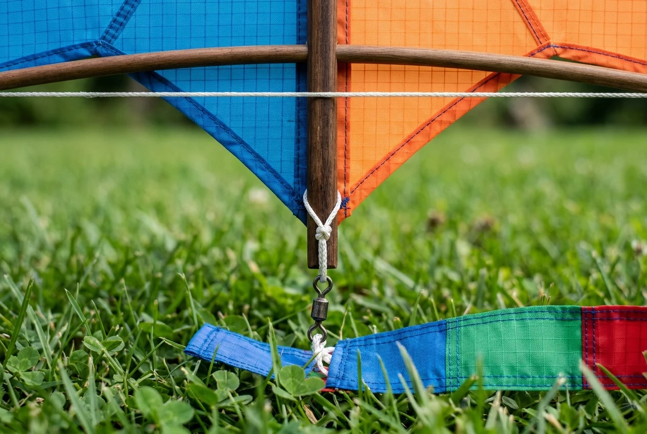 Close-up view of the back of a blue and orange framed single-line kite on grass showing a bowed wooden horizontal cross spreader with a taut white tension string and a metal barrel swivel clip attaching a stitched ripstop ribbon tail at the bottom of the vertical wooden spine