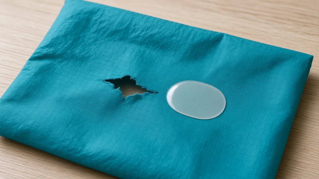 Illustration: a tear in teal ripstop kite cloth with a clear oval patch laid beside it on a table