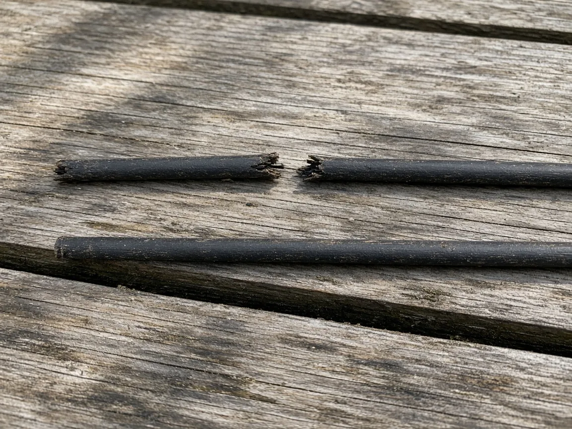 A snapped dark rod beside an intact dark rod on weathered outdoor wood