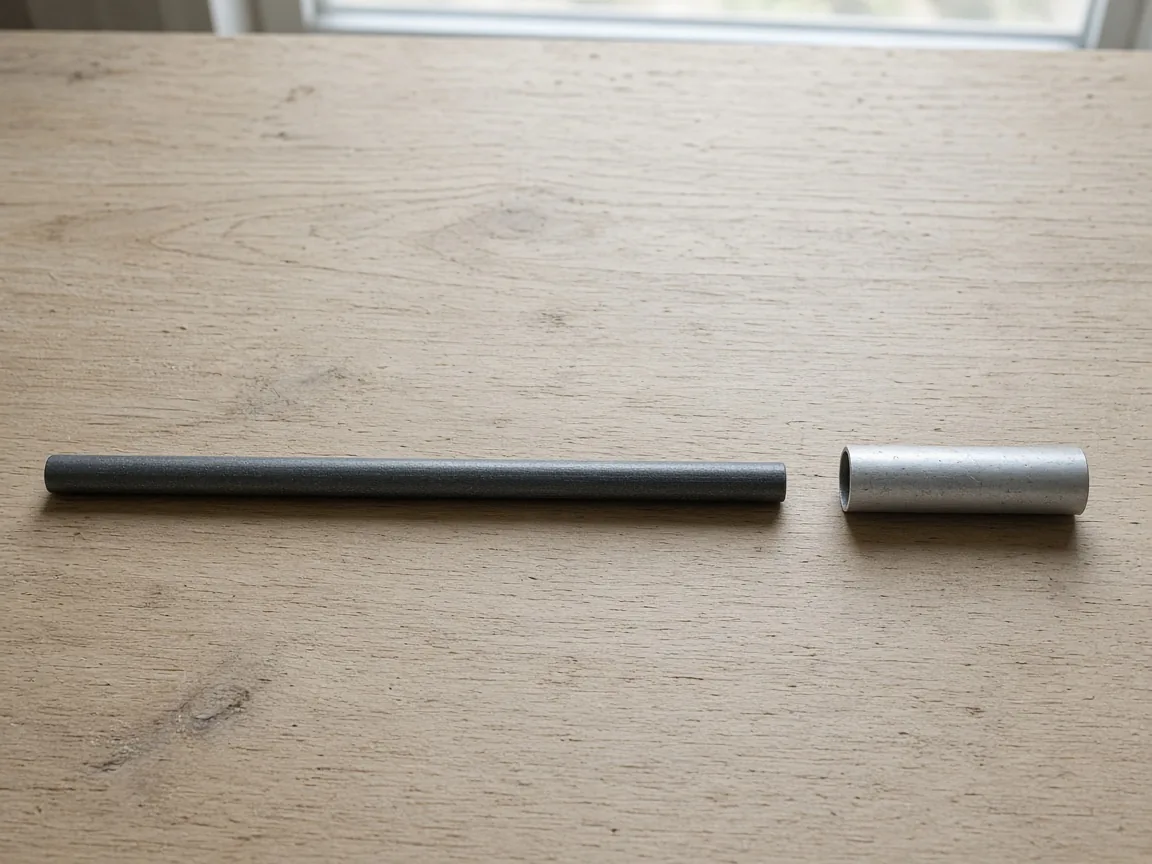 A dark rod end and a separate short metal sleeve on a bare wooden table