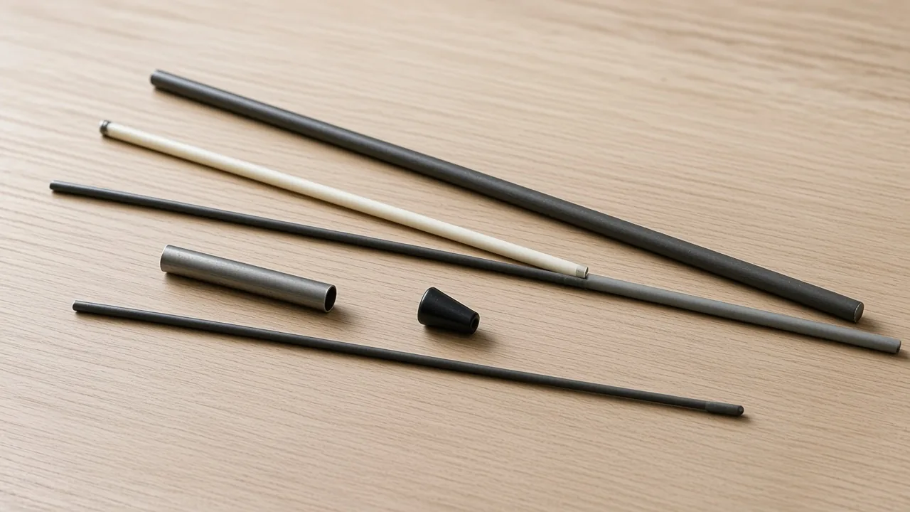 Loose unmarked spars, a short sleeve, and a rubber tip on a wooden bench