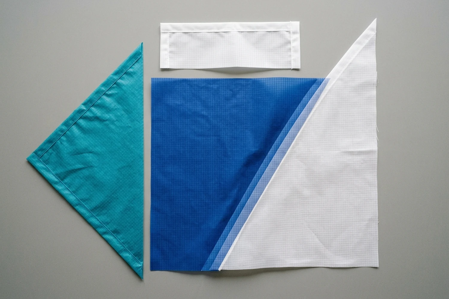 Cut ripstop nylon sail panels with folded edge allowances and a small overlap on a neutral surface