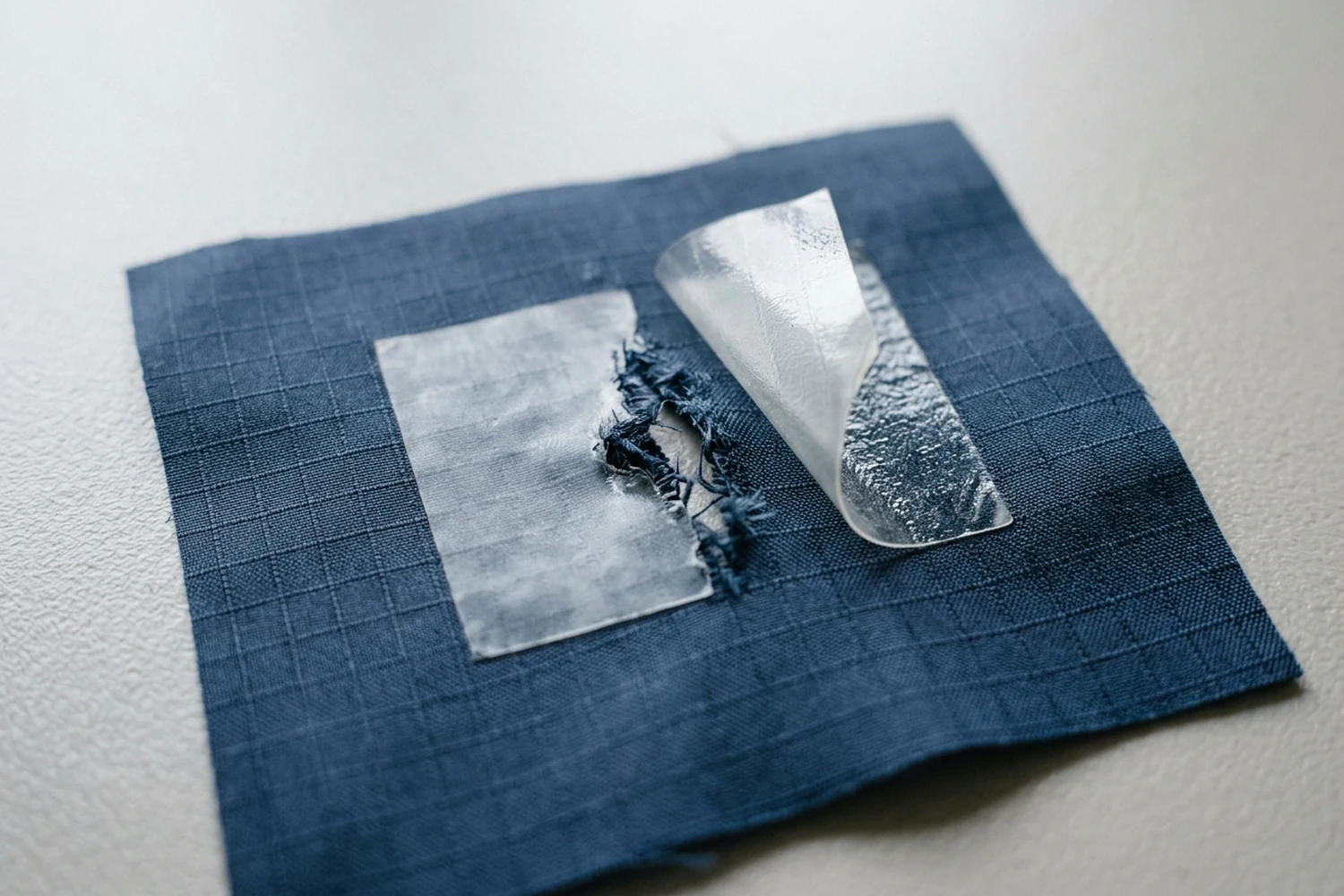 A partly lifted translucent repair patch beside a small tear in ripstop nylon