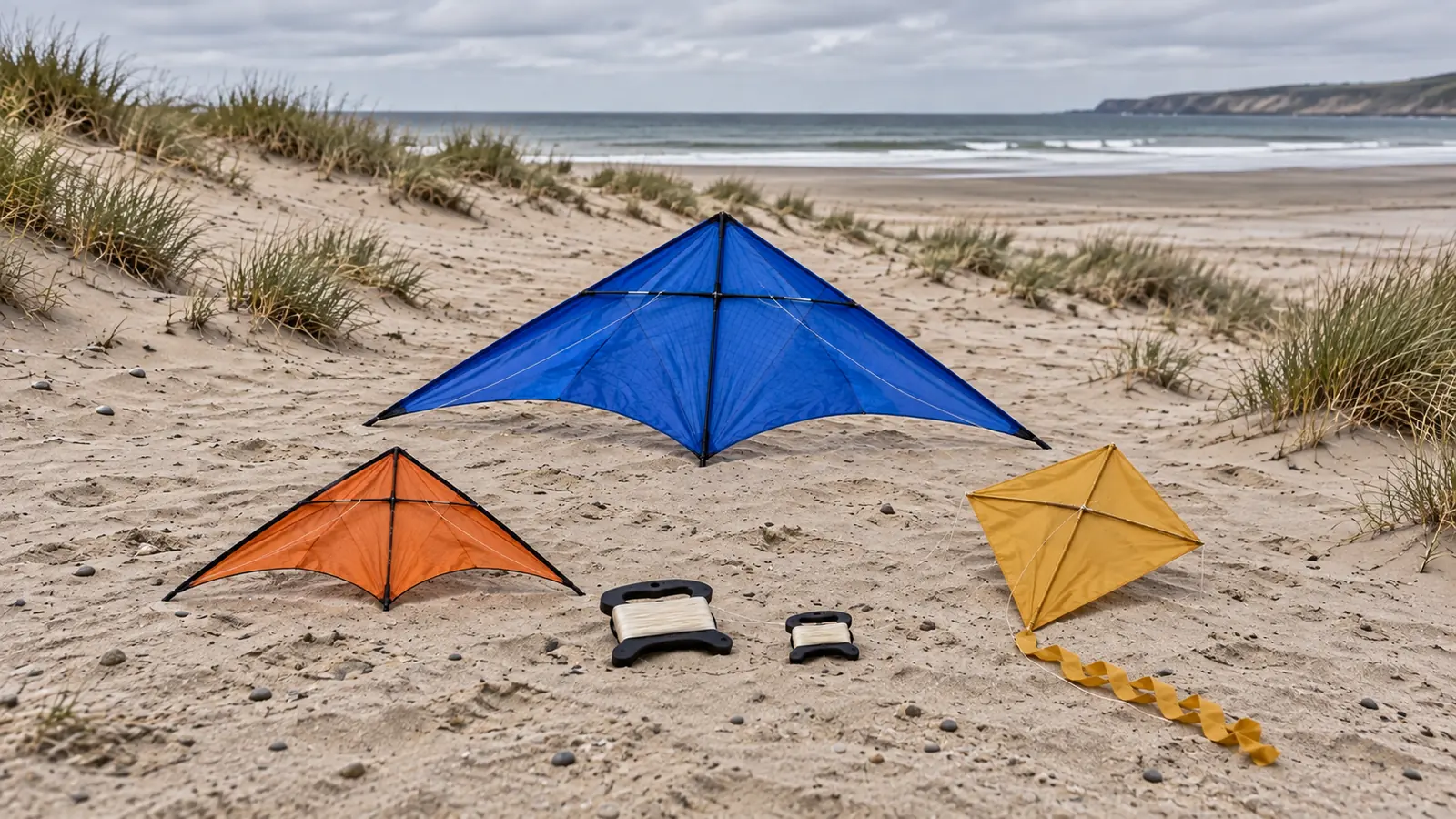 Illustration: a small orange delta, a large blue delta and a yellow diamond kite with two line winders on a sandy dune