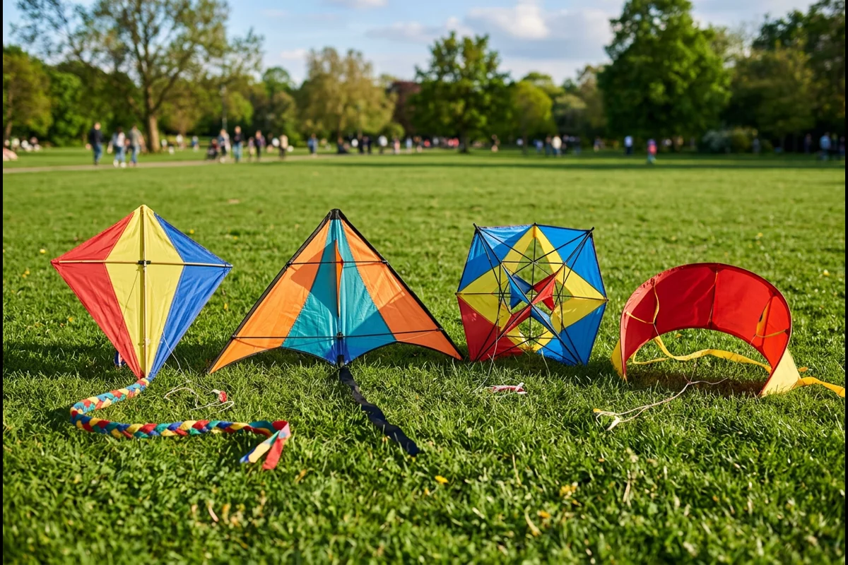 Collection of traditional single-line kites including delta, diamond, box, and sled on grass
