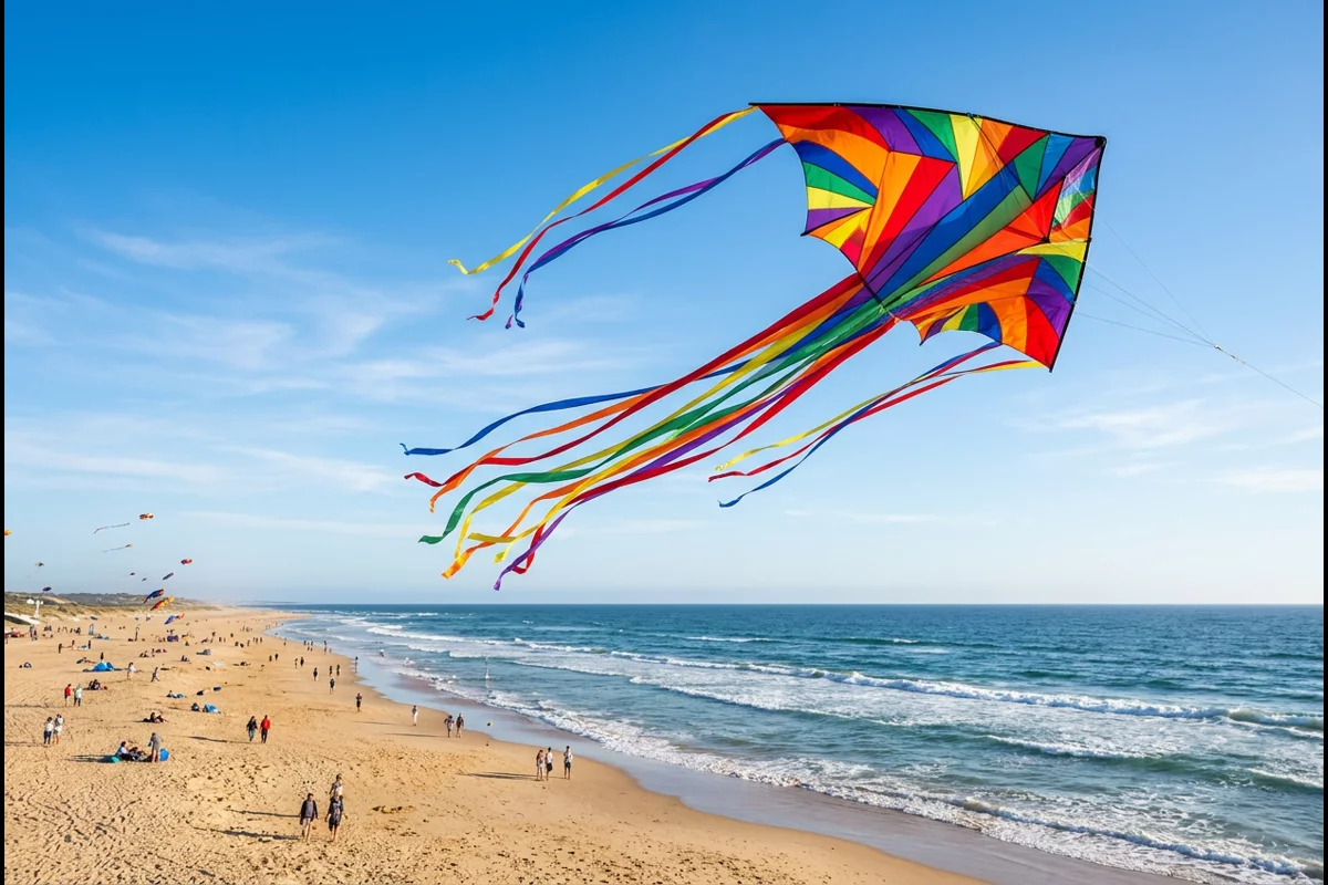 Giant colorful show kite with long flowing ribbons soaring over wide ocean beach