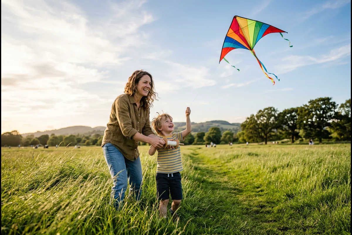 Parent and child flying a colorful delta kite together in sunny park meadow