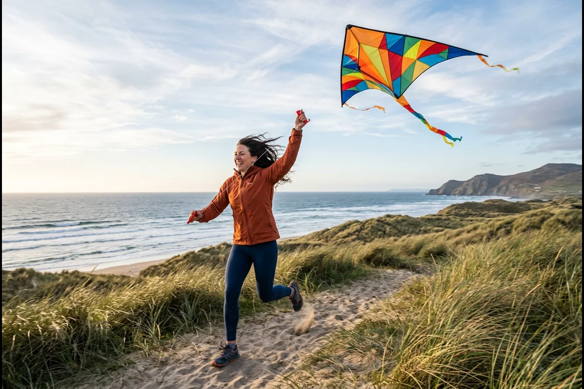 Kite enthusiast running along coastal dune trail launching delta kite into sea breeze