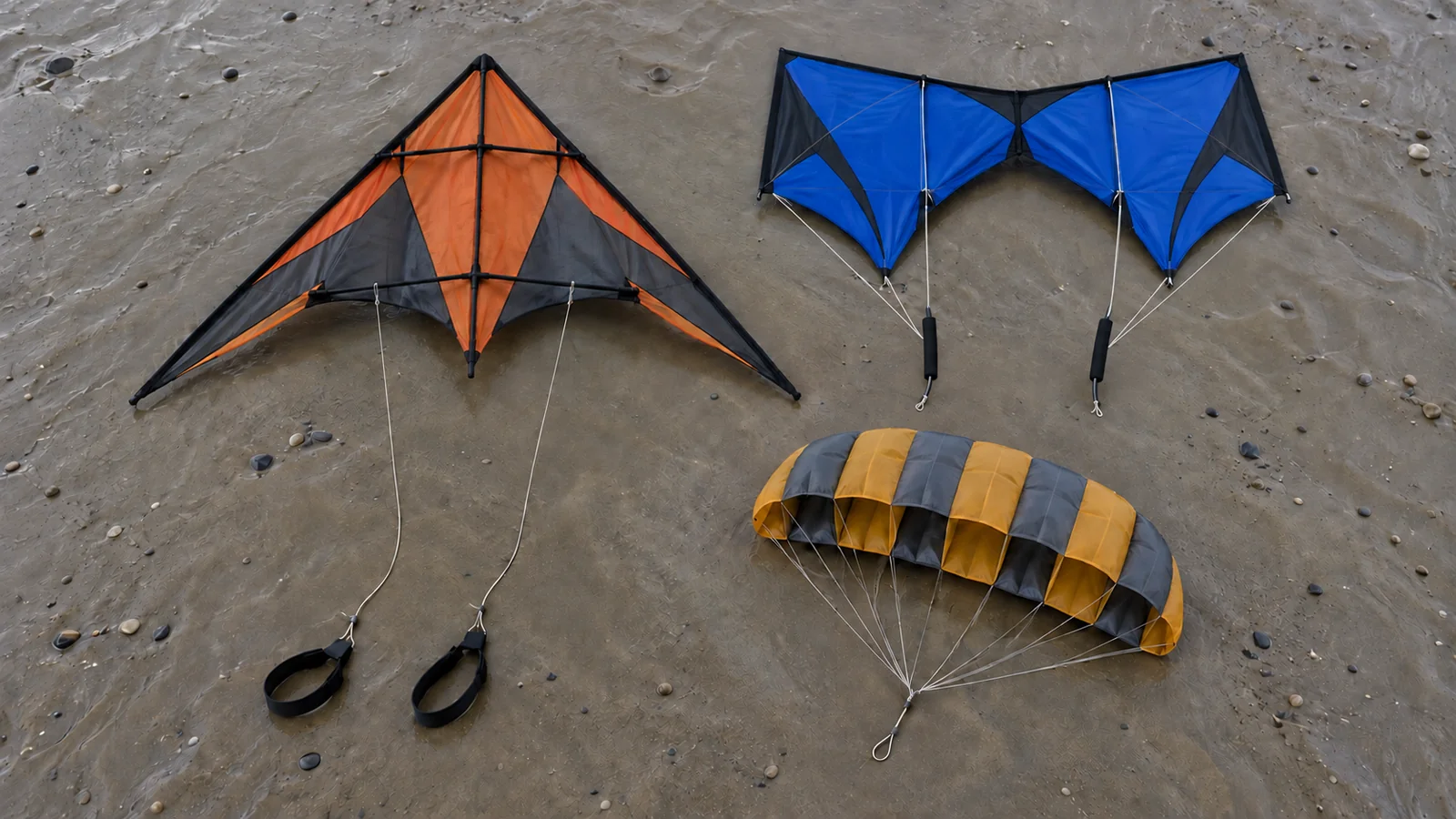 Illustration: a dual-line delta stunt kite with wrist straps, a quad-line kite with two handles and a soft foil kite on wet beach sand
