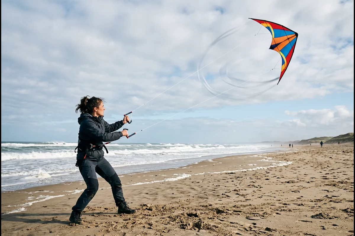 Stunt kite pilot gripping dual line handles on beach carving aerobatic maneuvers