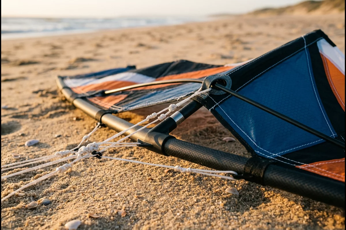 Close-up of stunt kite on beach sand showing carbon fiber spars and bridle lines