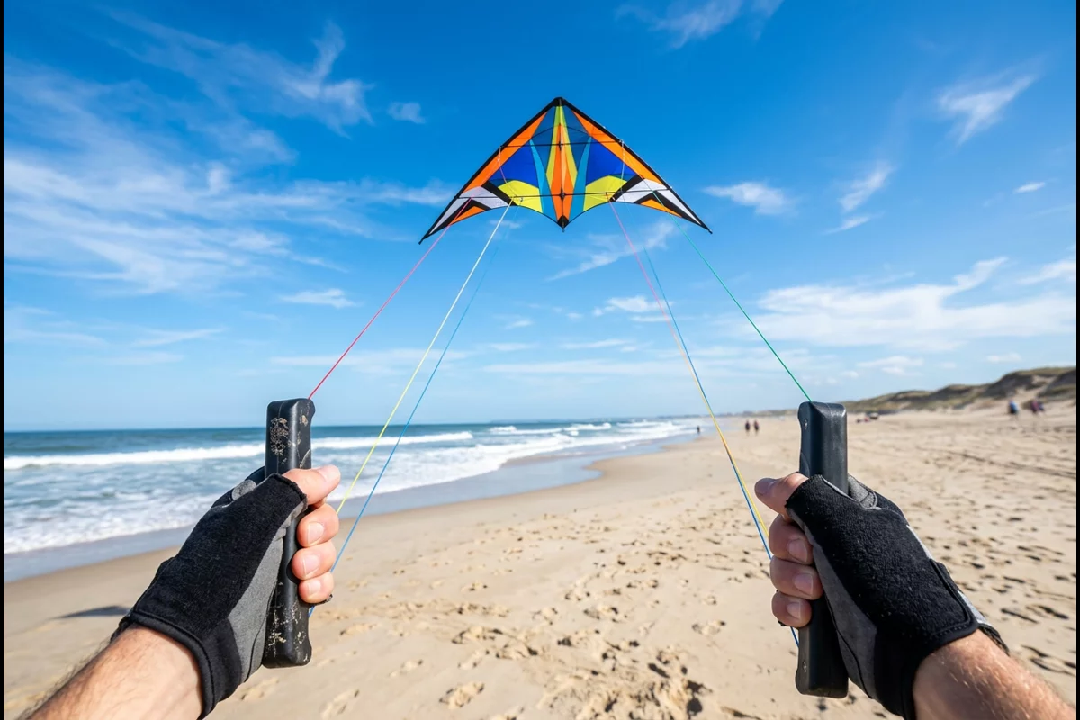 First-person view of pilot holding quad handles flying precision quad-line stunt kite