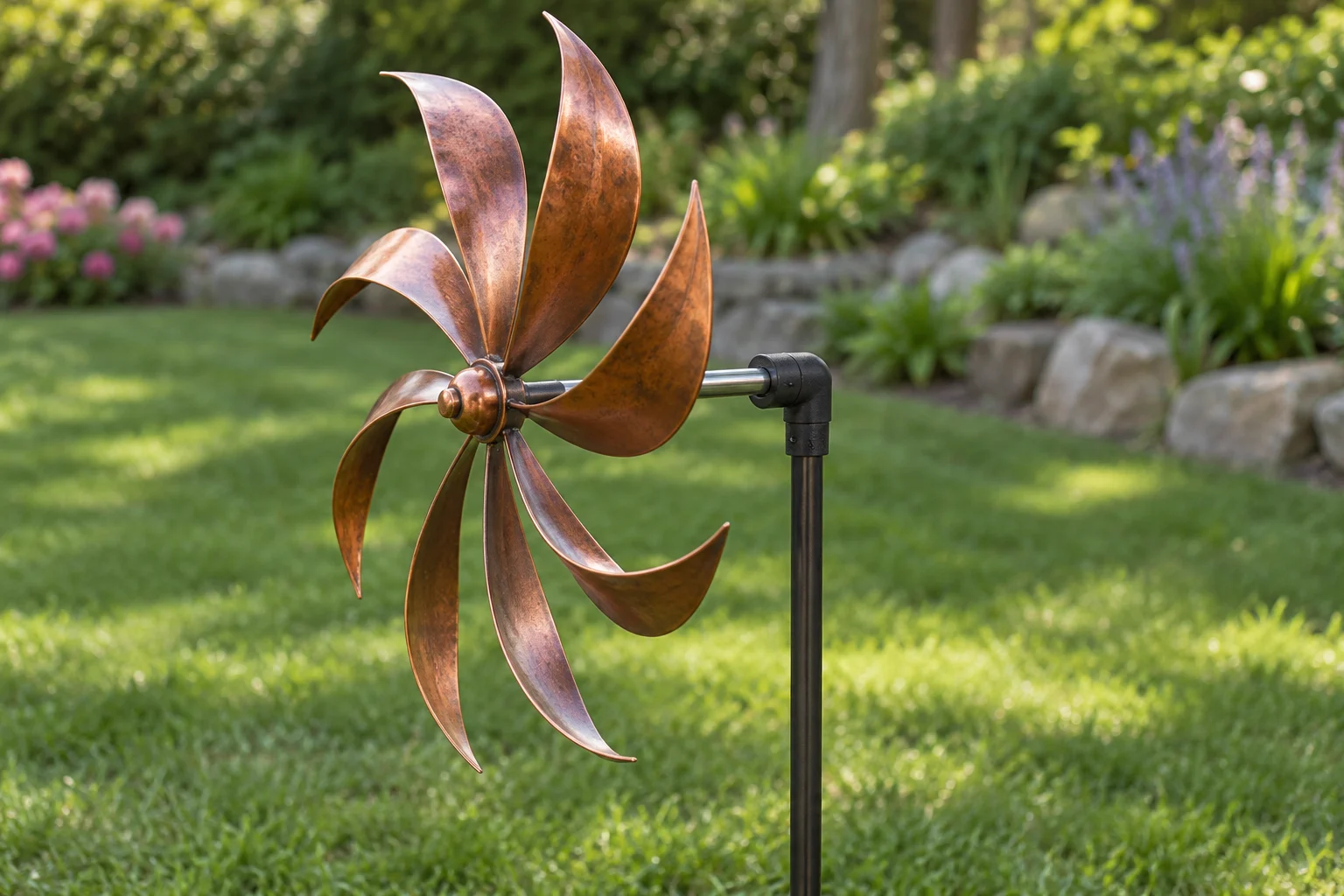 Side view of curved metal spinner blades separated from the fixed garden stake by a horizontal shaft