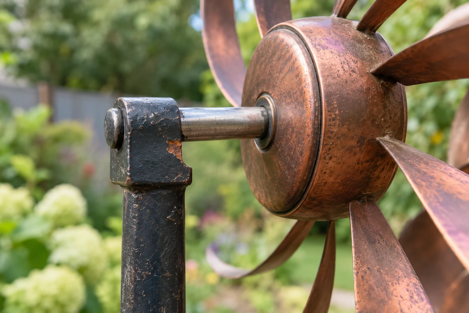 Chipped dark paint with orange-brown corrosion on a spinner support beside the shaft and capped rotor hub