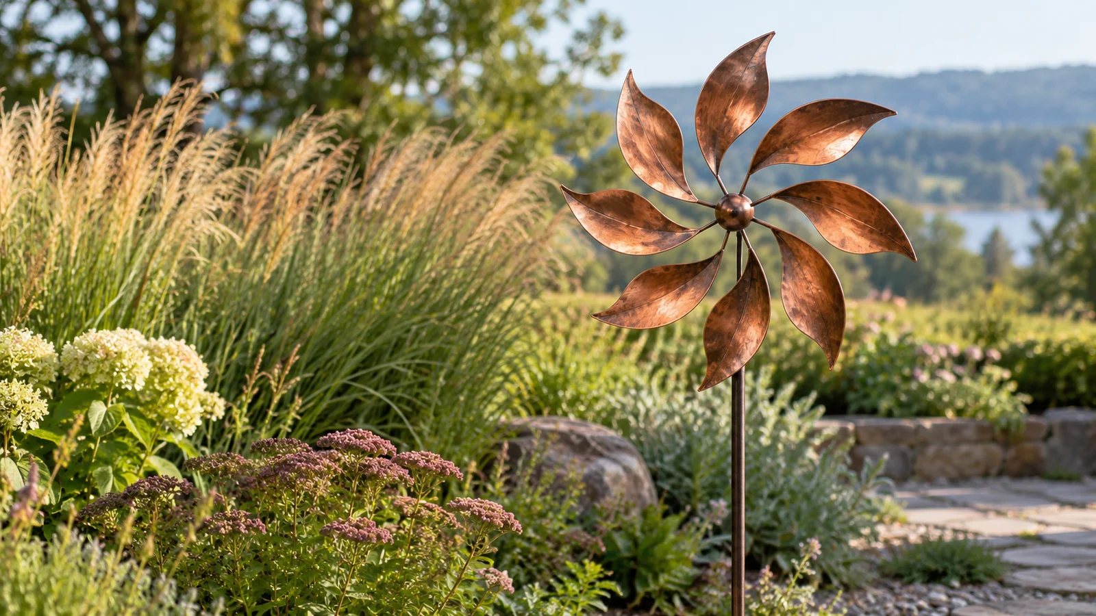 Copper-colored leaf-blade wind spinner on a garden stake with open space around the rotor