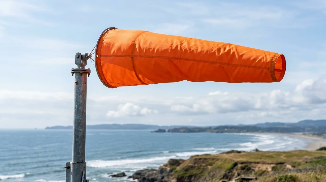 Orange truncated-cone fabric windsock extended horizontally from a circular throat hoop on a vertical pivot mast