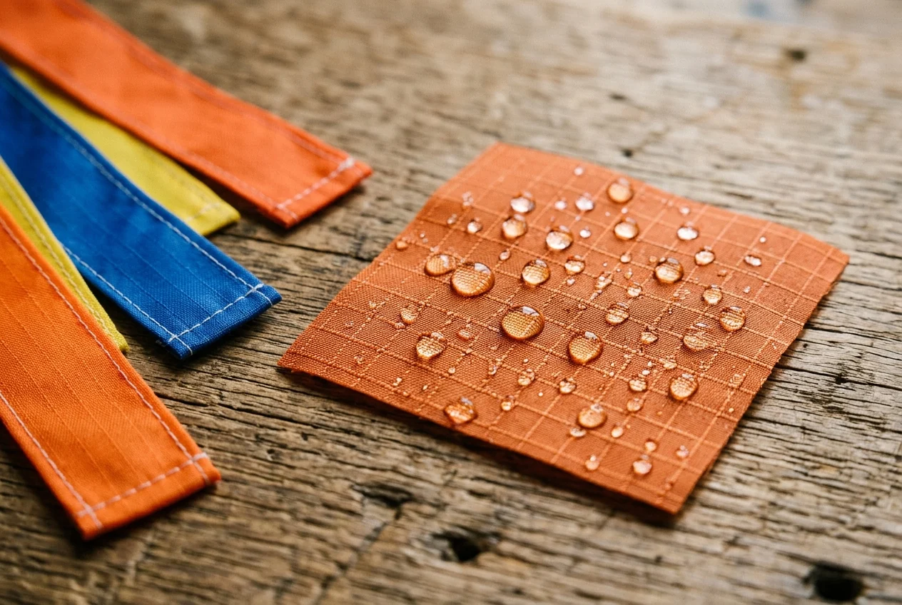 Macro view of orange coated ripstop fabric with water droplets on the reinforcement grid beside sewn hemmed windsock tail strips