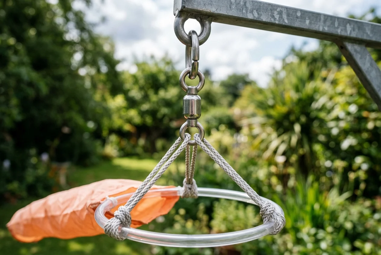 Close-up view of a clear plastic windsock throat hoop suspended by a braided string bridle and metal barrel swivel