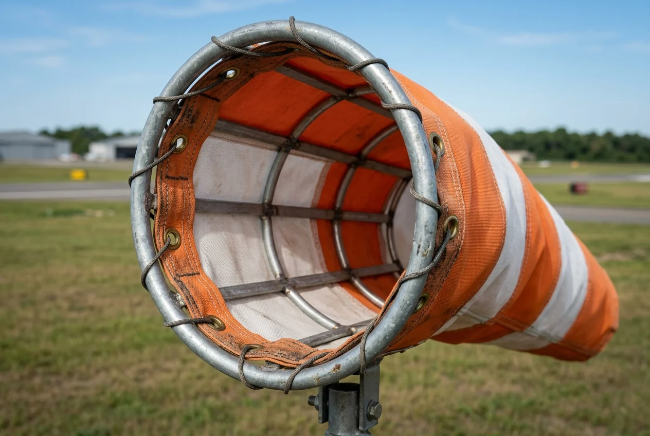 Close-up view of a metal windsock throat ring, internal support basket ribs, and reinforced orange-and-white striped fabric at the throat collar